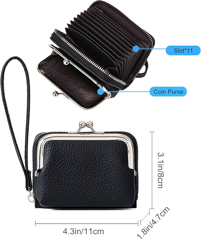 Women's Pebble Leather Wristlet Wallet, 2-in-1 Zip-Around Credit Card Holder with Kiss Lock Coin Purse, Cute Change Purse with Secure Clasp & Card Slots (Charcoal Black, Small)