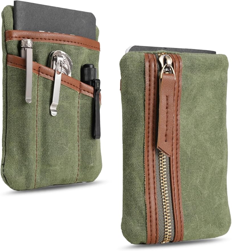 SP4 Waxed Canvas Compact EDC Pocket Organizer, Zippered Pocket Pouch for Men, Mini EDC Organizer for Change, Notebook, Tactical Pen, Flashlight