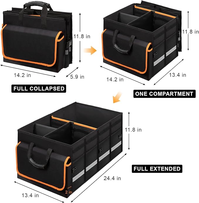 GDNasist Car Trunk Organizer and Storage with Lid, Car Accessories for Women Men 2 Removable Dividers for Custom Space, Collapsible Trunk Organizers Interior for SUV & Sedan
