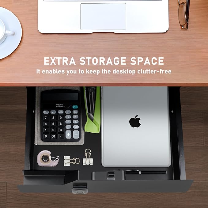 Under Desk Drawer with Biometric Fingerprint Lock, Metal Undermount Table Drawer, Slides out Tray Organizer for Paper, Pencil, and Laptop 16"x11.8"x3.6", Black