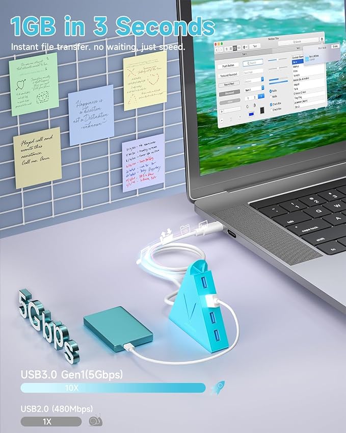 USB C Hub, USB C to 4-Port USB 3.0 Splitter Adapter for MacBook Pro/Air, iMac, Mac mini, Laptop, Surface Pro, XPS, External Devices (2ft, Blue)