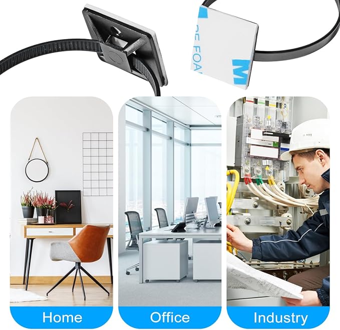 200pcs 3/4" Back-Glue Self Adhesive Black Strong Cable Zip Tie Mounts with 8" Ties, Screws, UV Protection Outdoor Sticky Wire Fasteners Cable Clips Management Anchors Organizer Holders Squares
