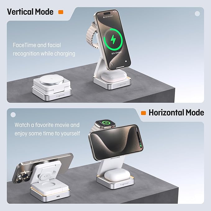 【2026 Upgraded】Wireless Charger 3 in 1, Foldable Wireless Charging Station with Light for Apple MagSafe Charger, Travel Magnetic Charger for iPhone 17/16/15/14/13/12 Apple Watch AirPods (20W Adapter)