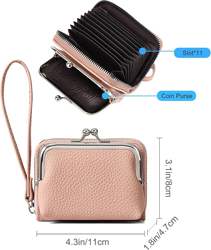 Women's Pebble Leather Wristlet Wallet, 2-in-1 Zip-Around Credit Card Holder with Kiss Lock Coin Purse, Cute Change Purse with Secure Clasp & Card Slots (Dusty Pink, Small)