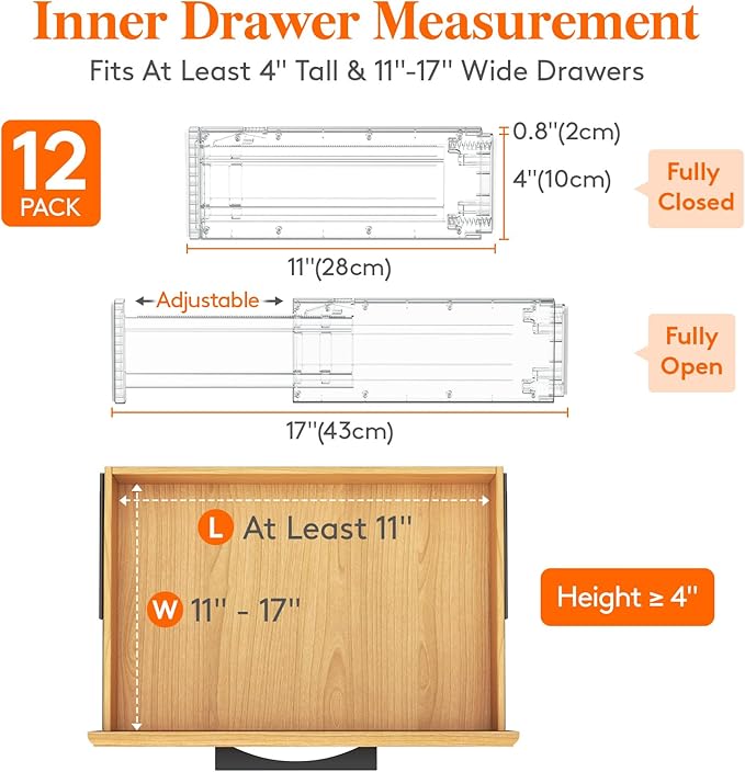 Lifewit 12 Pack 4" High Drawer Dividers 28-43.5cm/11-17" Adjustable Drawer Organizer for Clothes/Utensils, Expandable Drawer Organizer in Dresser/Kitchen/Bedroom/Office Organization & Storage Clear