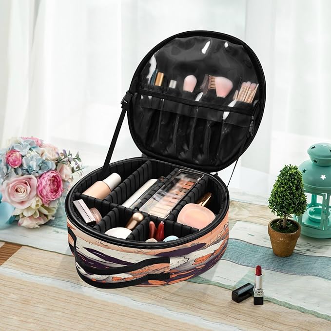senya Round Cosmetic Pouch Travel Makeup Train Case Panda Orange Makeup Organizer Bag with Adjustable Dividers Portable for Cosmetics Makeup Brushes Toiletry Jewelry Accessories