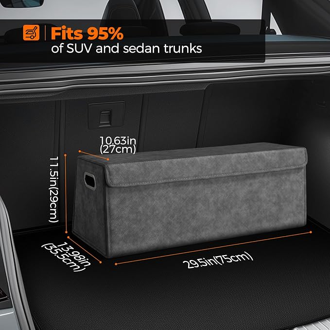 Fyzeoty Car Organizers and Storage - Trunk Organizer for Suv Car,Car Trunk Leather Storage Box,Extra Large,Magnetic Lid,Collapsible and Adjustable Trapezoidal - Grey