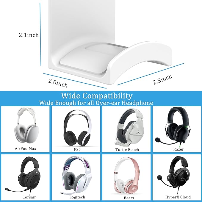 SOKUSIN Headphone Stand Headset Holder - Adhesive Gaming Earphones Hanger, Universal Desk Wall Mount Hook for All Headphone/Controller, Compatible with Beats, AirPods Max,Sony, JBL (White)