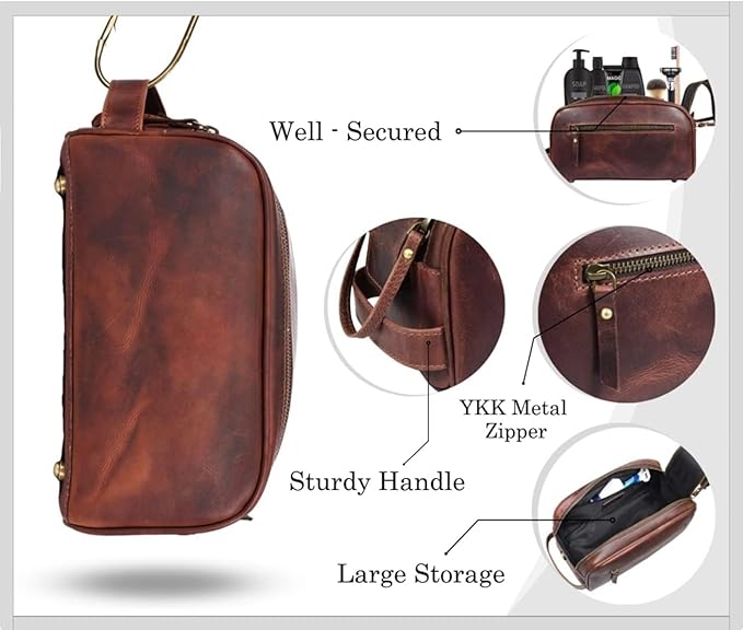 Hindoro 10" Premium Leather Toiletry Travel Pouch Bag With Waterproof Lining | King-Size Handcrafted Vintage Ditty - Kit Leather Goods (Dark Brown)
