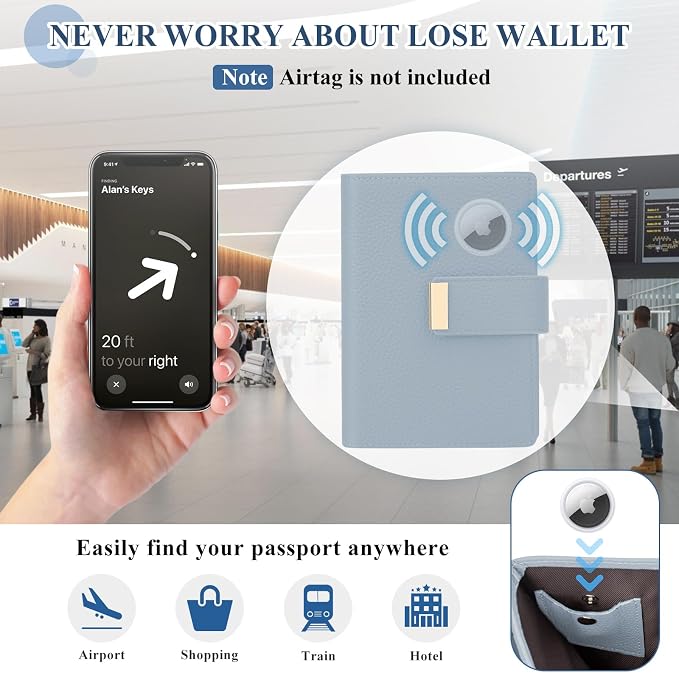 BKNOOU RFID Blocking Passport Holder with Airtag Slot- Leather Travel Passport Wallet for Women & Men, Slim Bifold Travel Passport Holder Holds Cards & Tickets & Cash (Blue)