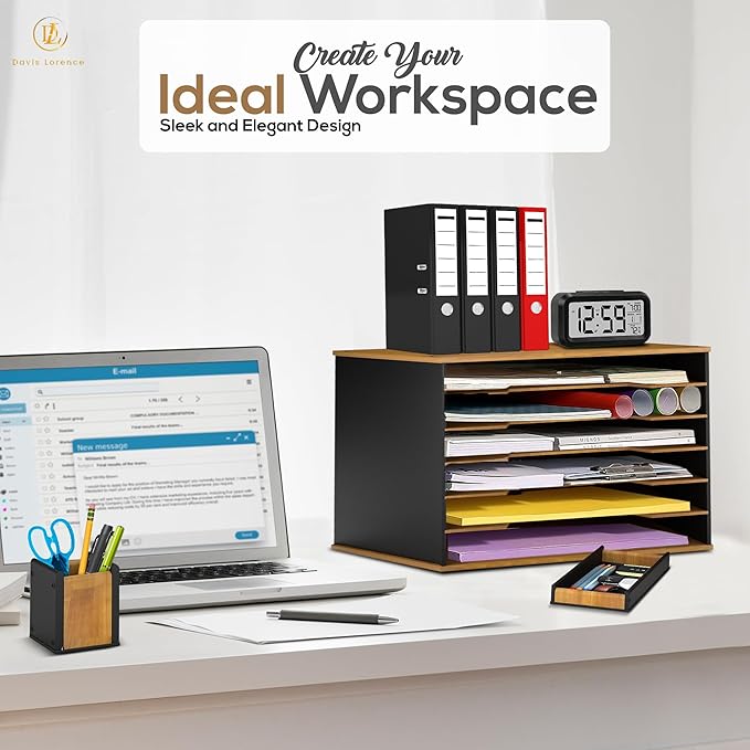 Wooden Paper Organizer 20.25"W x 12.25"H x 13.25"D, 6-Tier Storage for 12"x18" & 11"x17" Sheets, Includes Matching Pen Holder & Tray, Ideal for Office, Home, Art Room and Classroom