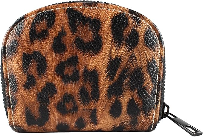 Small Zip Wallet Credit Card Wallet Coin change case Holder for women PU Leather(Sand Leopard)