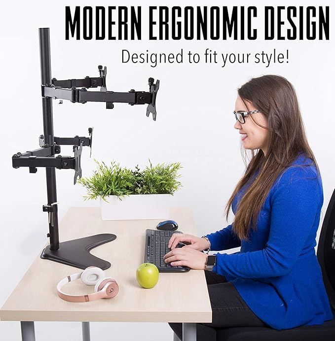 Stand Steady 4-Monitor Mount | Height-Adjustable Stand with Stabilizing Base - Fits Most LCD/LED Monitors 17-32 in (Black)