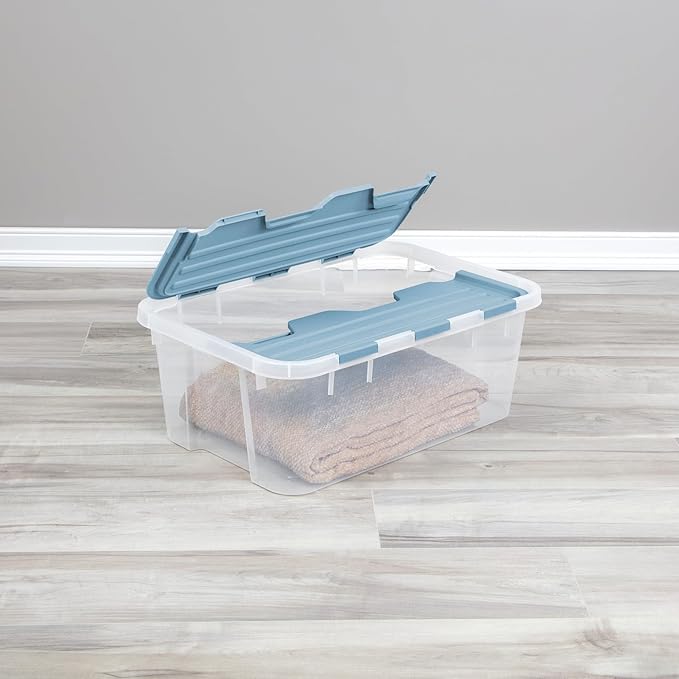 Sterilite 12 Pack Hinged Lid Storage Box, 40 Qt Plastic Container, Washed Blue - Home Organizer Tote for Storing Shoes, Crafts, Clothing, or Decor