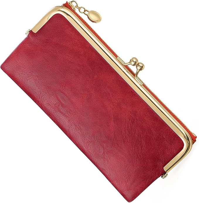 Vintage Wallets for Women Large Bifold Kiss Lock Wallet for Women Leather Zip Clutch Coin Purse