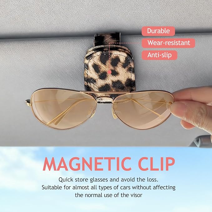 Sunglass Holder for Car Visor, Cheetah Leopard Magnet Sunglasses Holder for car Leather Sunglasses Holder and Ticket Card Clip Car Visor Accessories