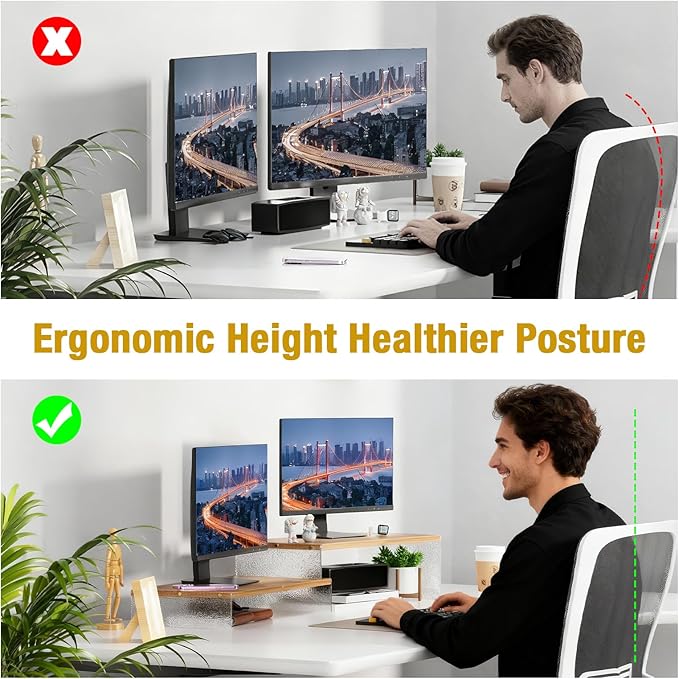 Adjustable Monitor Stand Riser with Acrylic Legs丨9.4" Wide Dual Monitor Stand for Desk丨2-Tier Wood Desktop Organizer for Computer, Laptop, Printer & PC丨Modern Aesthetic Desk Shelf(wood-glacial striae)