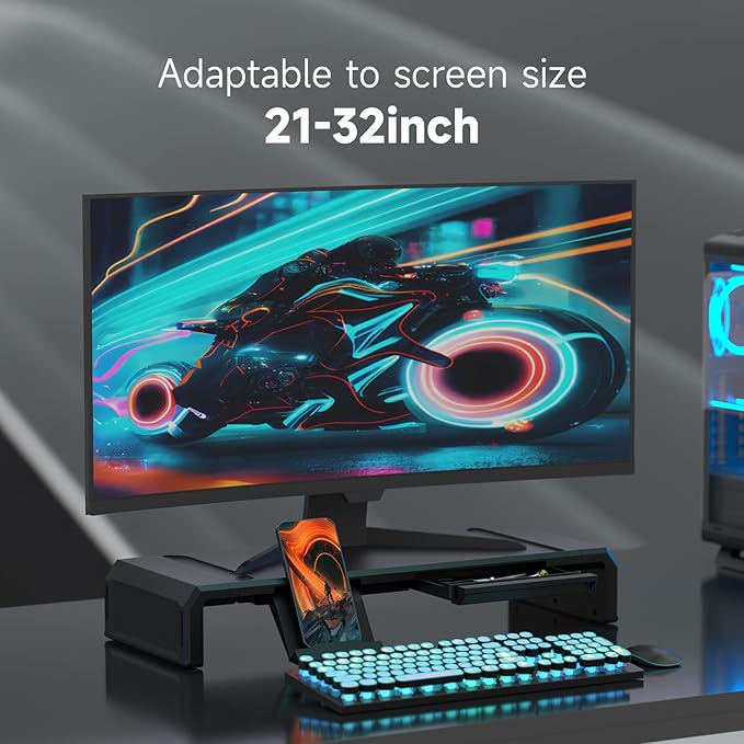 Heymaster Monitor Stand Riser, Foldable Computer Monitor Riser, Adjustable Length Computer Stand, Desk Shelf Riser with Storage Drawer &Tablet Phone Stand for Desktop, Laptop