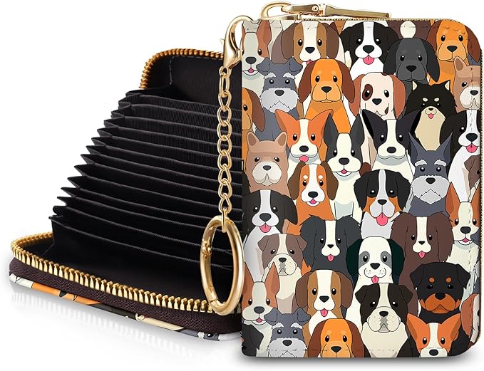Blusabaca RFID Credit Card Holder Wallets for Women, Small Dog Puppy Card Case Wallet with Keychain and Zipper, Leather Card Holder Pocket Business Card Accordion Wallet