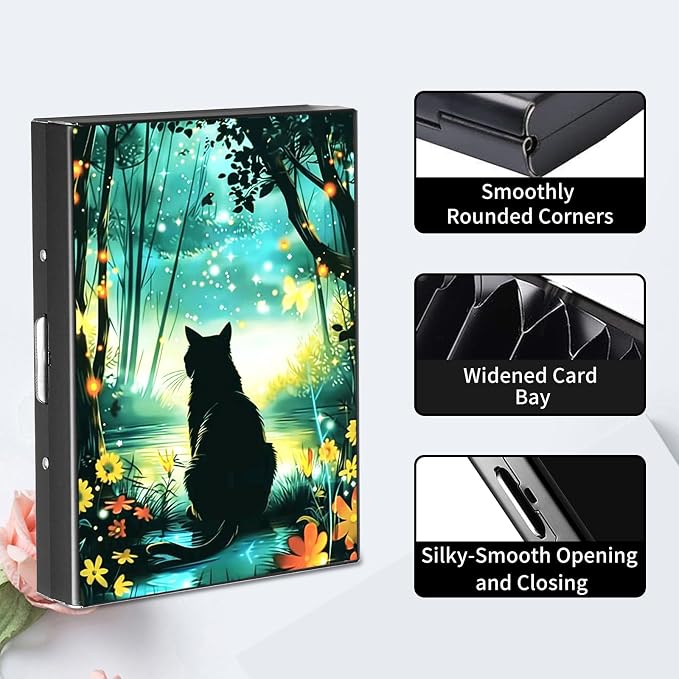RFID Metal Wallet Credit Cards Holder Slim Mini Business Card Holder Metal ID Case Gift for Men Women,Black Cat Forest
