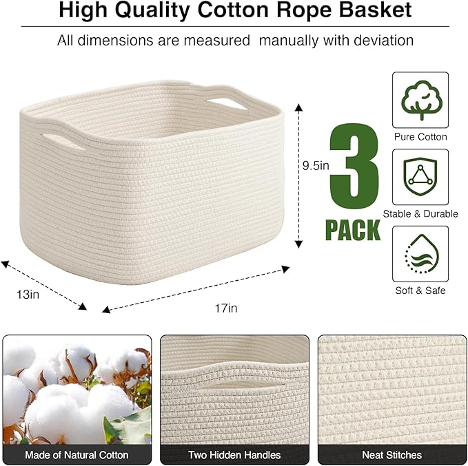 ICERZCZ Large Storage Baskets for Organizing Shelves, Woven Cotton Rope Bins for Baby Nursery Organization, Book Toy Towel Organizer, 17"x13"x9.5", 3 Packs, Off White