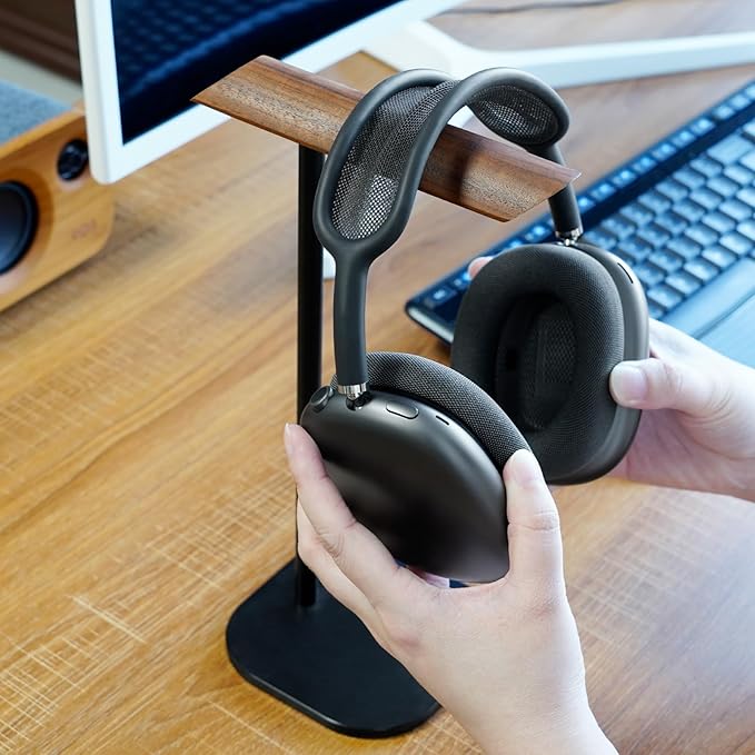 GEVO Headphone Stand for Desk, Walnut Wood & Aluminum Headset Stand, Universal Walnut Gaming Headset Holder with Solid Heavy Base for AirPod Max, Bose, Sony All Headphone Sizes (Square Base)
