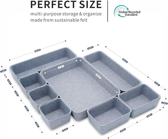 Welaxy Desk Drawer Organizer Tray, 8-Piece Felt Storage Drawer Dividers for Office & Home (Glacier gray)