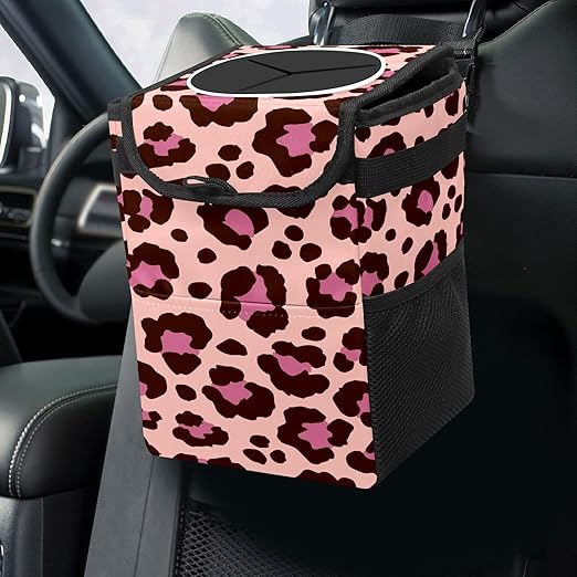 Car Trash Can Leopard Pink and Black Print Wate-rproof Auto Garbage Bag Car Trash Can with Lid Leak-Proof Car Storage Bag Hanging for Headrest Collapsible and Portable with Storage Mesh Pocket
