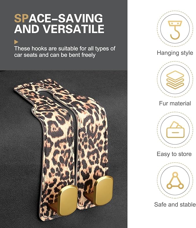 2 PCS Car Seat Headrest Hooks for Hanging, Double Heavy Duty Metal Hooks with Leopard Print, Car Organizer Accessories for Women, Universal for Most Cars, Trucks, SUVs (Brown Leopard Print)