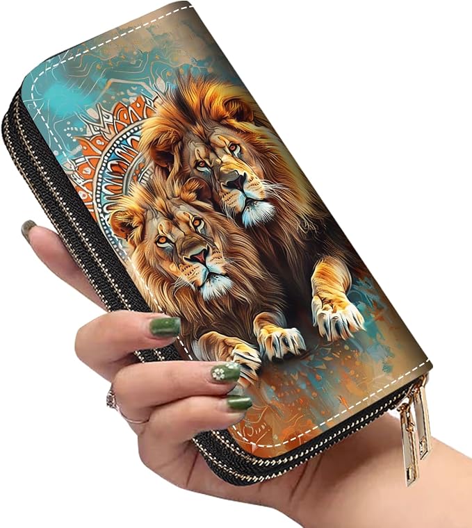 Women's Large Capacity Wallet PU Leather Double Zipper Clutch Purse Multifunctional Wallet with Removable Wristlet Strap for Smart Phone/Coin/Card/Cash - Lion