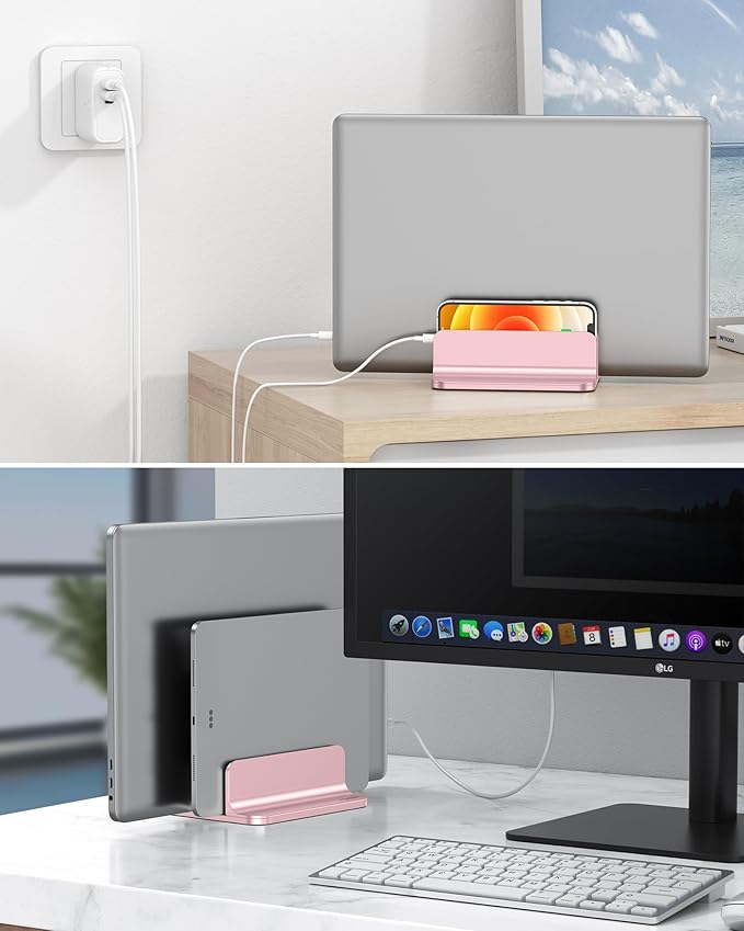 OMOTON [Updated Dock Version] Vertical Laptop Stand, Double Desktop Stand Holder with Adjustable Dock (Up to 17.3 inch), Fits All MacBok/Surface/Samsung/HP/Dell/Chrome Book (Rose Gold)