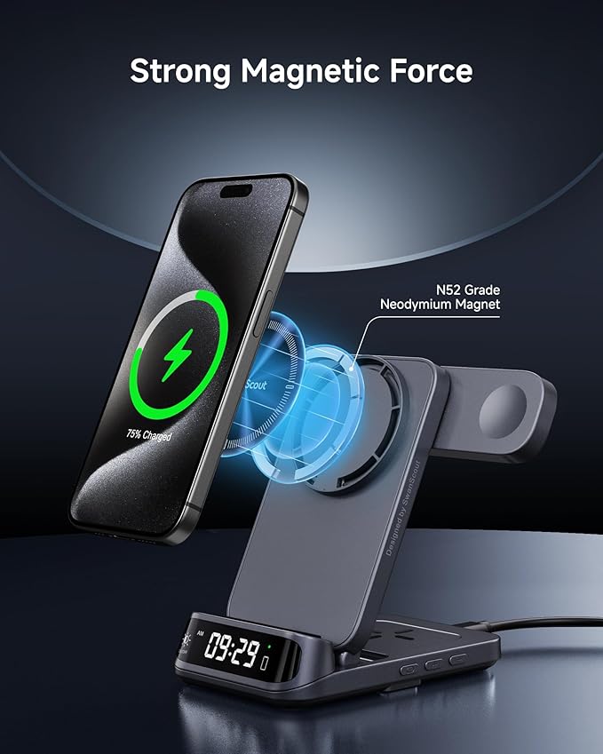 Wireless Charger Stand Compatible with MagSafe, SwanScout 708M, Foldable 3 in 1 Magnetic Wireless Charging Station for iPhone Air/17/16/15 Series, Travel Charger for Apple Watch, AirPods (No Adapter)