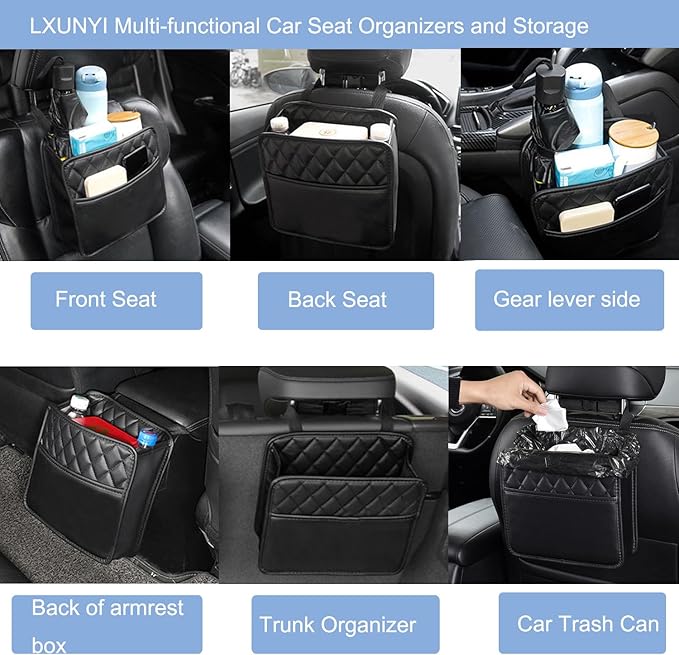 LXUNYI Car Seat Organizer,2 Pack Waterproof Pu Leather Backseat Car Organizer and Storage Bag Foldable Universal Hanging Car Seat Back Organizers for Kids & Adults Car Travel Accessories（Black）