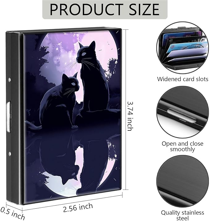 Credit Card Holder, Black Cat and Moon Design Mini RFID Blocking Aluminum Wallet Slim Metal Hard Case Shell Travel Wallet ID Case Small Credit Cards Case Business Cards for Women Men Girls