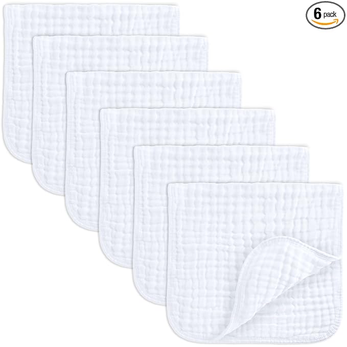 Comfy Cubs Muslin Burp Cloths 20" x 10", Pack of 6 - Large, 6-Layer, Ultra Absorbent 100% Cotton for Baby Spit-Up, Drool, and Messes - Soft, Safe & Gentle Baby Burp Cloths Set for Boys & Girls - White