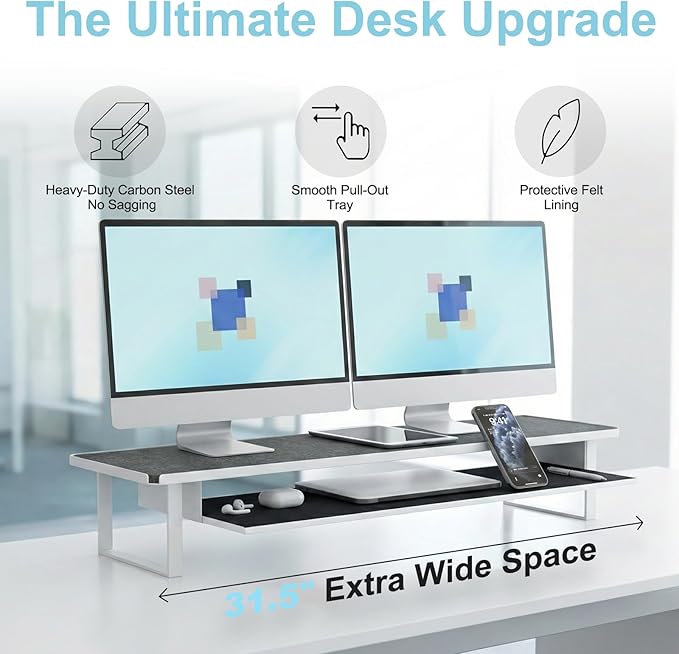 Carbon Steel Dual Monitor Stand Riser, 31.5 Inch Extra Wide & Thick Heavy Duty 2 Tier Desktop Organizer with Pull Out Storage Drawer, Ergonomic Desk Stand for Curved & Gaming Monitors Home Office