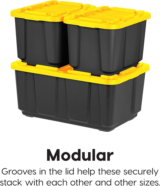 IRIS USA 4-Pack 12 Gallon Storage Bins with Lids |Made in USA| Heavy Duty Plastic Tote Containers for Truckbed Tool Box Organization, Large - Black/Yellow