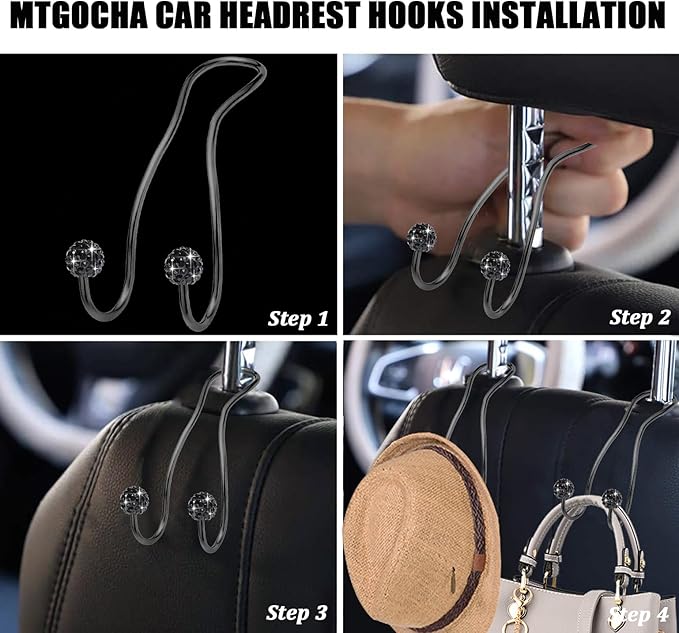MTGOCHA Bling Purse Hook for Car Headrest, Upgraded Cute Car Seat Hooks for Bag Handbag, Durable Stainless Auto Purse Hanger Holder 2 Pack, All Black