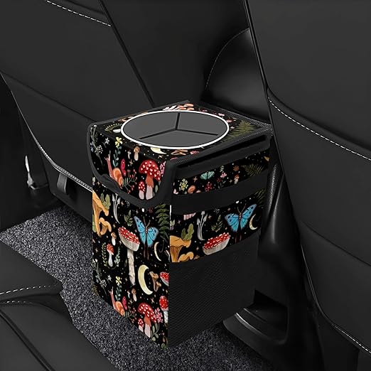 Car Trash Can with Lid Vintage Mushroom Ferns Floral Collapsible Reusable Leak-Proof Auto Garage Bag,Hanging Vehicle Car Accessories Interior Car Organizer