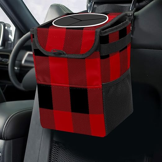 Car Trash Can Black Red Big Buffalo Plaid Classic Auto Garbage Bag Car Trash Can with Lid Leak-Proof Car Storage Bag Garbage Bag Hanging for Headrest Portable Car Backseat Organizer