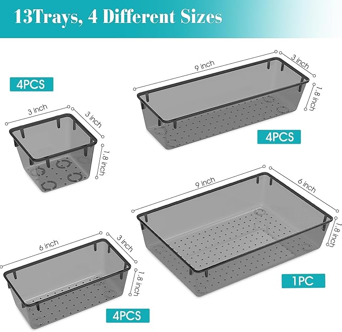 StorMiracle 13 PCS Clear Plastic Drawer Organizers Set, 4 Size Desk Drawer Organizer Trays for Makeup, Jewelry, Kitchen Utensils, Gadgets and Office Accessories, Black