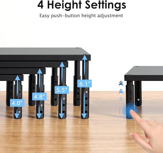 ECOLOVI Wood Laptop Stand for Desk, 4-Height Adjustable Computer Monitor Stand Riser for Desk Organizer and Accessories, Office Desk Accessories Workspace Organizer for Home Office Supplies, Black