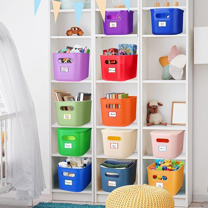 Thyle 24 Pack Richly Colorful Plastic Storage Bins with Lids 7 Quart Toy Storage Box Stackable Nestable Organizer Boxes with Handle and Labels for Classroom Shelf Bedroom Desktop Toys School Supplies