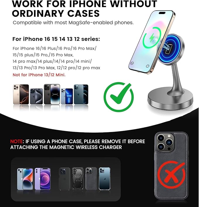 Magnetic Wireless Charger iPhone Stand, 15W Fast Mag-Safe Charger iPhone 17/17 Air/17 Pro/17 Pro Max 16/15/14/13/12 Series Magnet Wireless Charging Station/Pad/AirPods for Home, Office, Travel