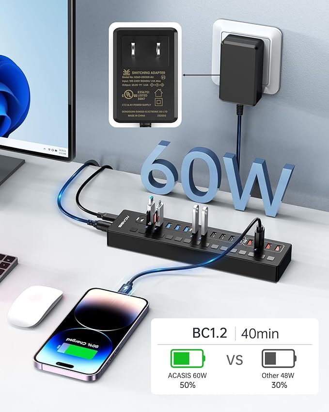 Powered USB 3.0 Hub, ACASIS 16 Port USB Hub Powered(Include 2*USB C 3.0+4 Smart Charging Port) with 60W Power Adapter, Support Wall Mount, USB Hub for PC Laptop, Mac, Printer, Camera