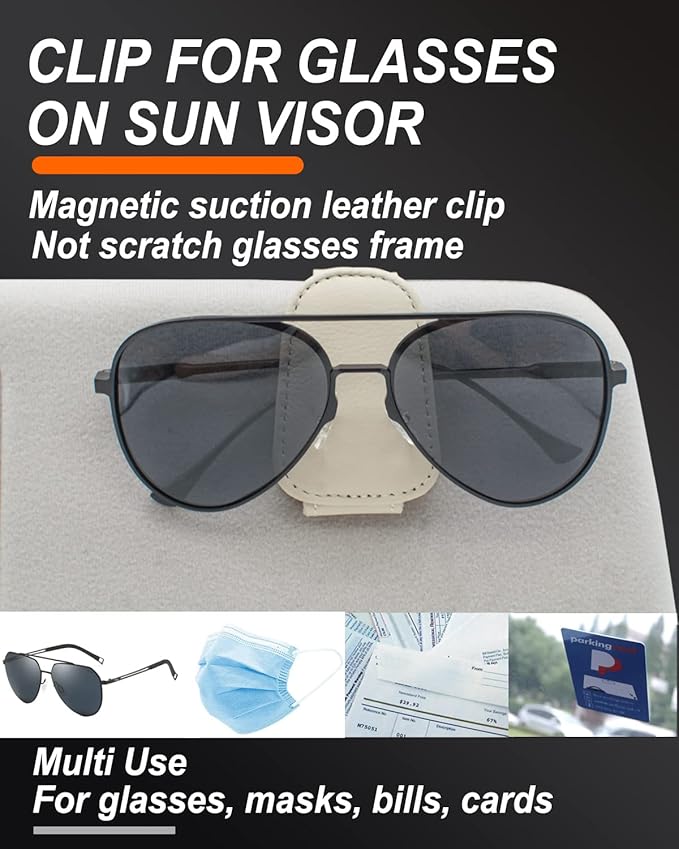 2 Pack Sunglass Holder for Car, Magnetic Leather Eyeglass Hanger Sunglass Clip for Car Visor, Car Sunglass Holder Organizer Storage, Car Interior Accessories (2PCS, Beige)
