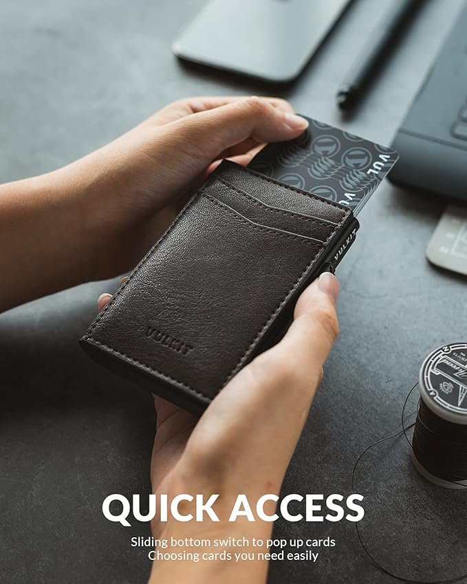 VULKIT Men's Slim Wallets Pop Up Card Holder RFID Blocking Metal Wallet Minimalist Design Holds Up to 11 Cards