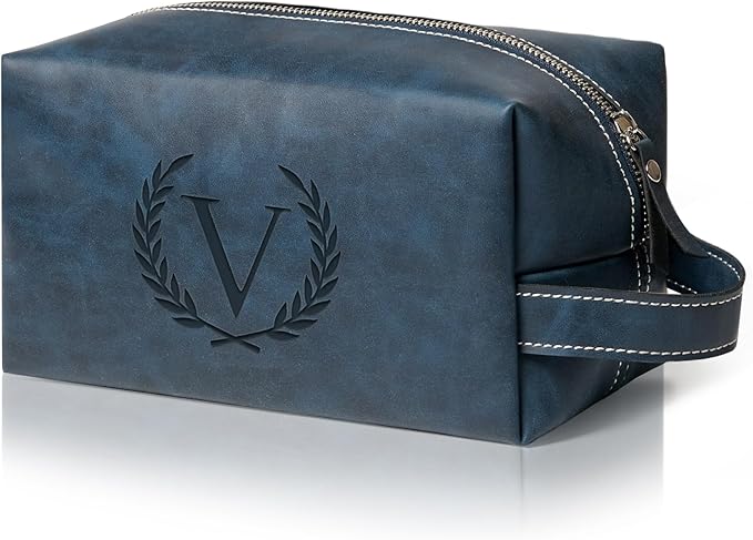 Personalized Gifts Travel Toiletry Bag for Men Engraved Initial PU Leather Waterproof Shaving Bag for Toiletries Accessories Fathers Day Birthday Gift for Men Dad Husband Son, Dark Blue V