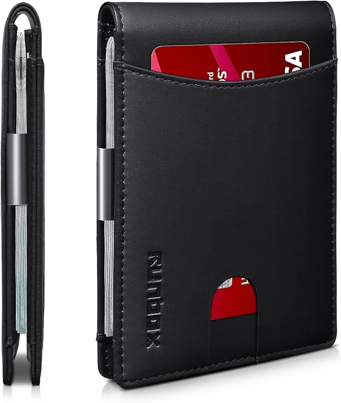 RUNBOX Slim Money Clip Wallets for Men RFID Blocking 11 Card Holder Minimalist Small Leather Bifold Men's Front Pocket Wallet Gift Box