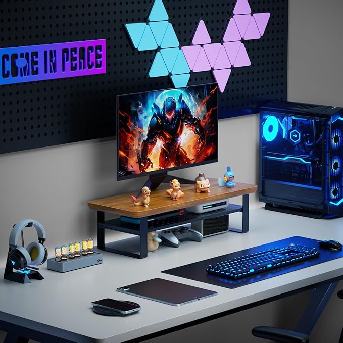 Monitor Stand Riser, 24 Inch Computer Monitor Stand for Desk, 2-Tier Wood Desk Shelf Organizer with Storage, Desktop Stand for Laptop/Screen/PC/Printer, Ergonomic Home Office Monitor Stand